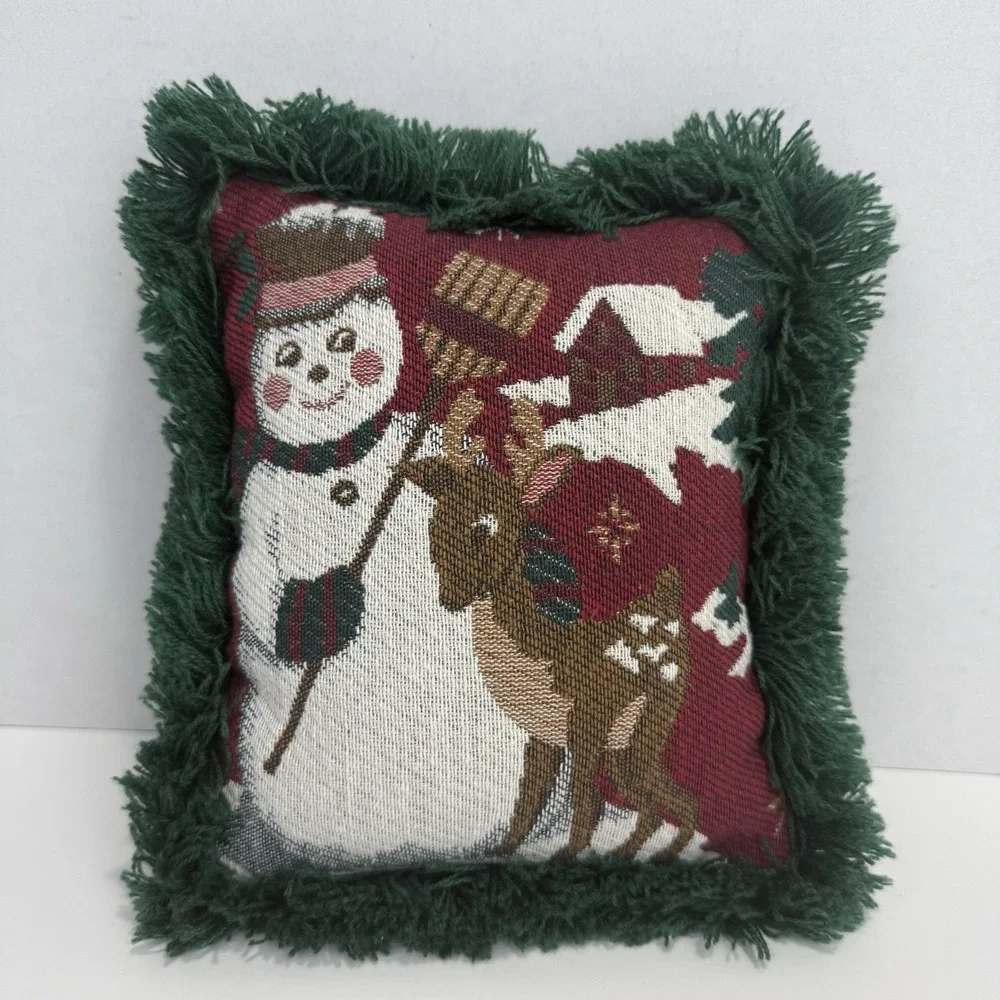 Riverdale Tapestry Throw‎ Pillow Snowman Reindeer Christmas Fringe  7x6